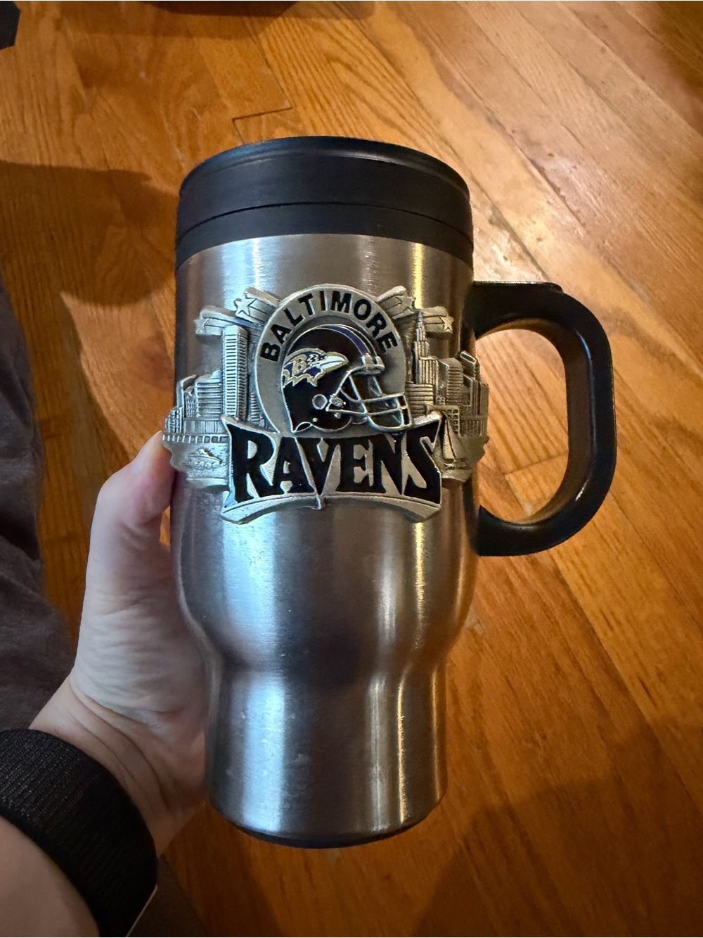 NFL Baltimore Ravens Silver Travel Mug with Black Lid & Handle